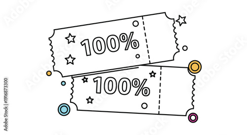 Two one hundred percent discount tickets with star decorations represent high value offers and promotion deals for shopping and sales events.