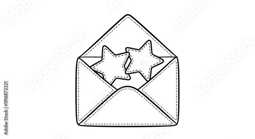 Open envelope with two stars floating inside represents positive feedback, success, and surprising good news in a simple line art illustration.