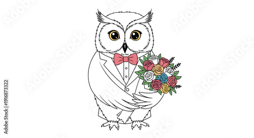 Formal owl character dressed in a white suit with a pink bow tie and holding a bouquet of roses represents elegance and romantic occasions.