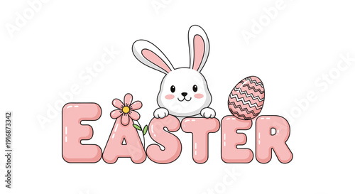 Easter text with a cute white bunny and a decorated egg in soft pink colors celebrates the holiday with a sweet and whimsical graphic design.