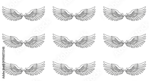 Multiple pairs of feathered wings arranged in a tidy pattern create a spiritual and ethereal line art design for symbolic and artistic use.