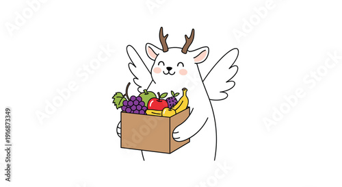 Whimsical winged creature with antlers carrying a box full of fresh fruits represents healthy living and mythical abundance in a cute style.