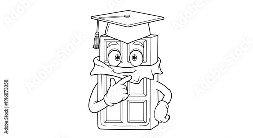 Chocolate bar character wearing a graduation cap and thinking with its hand on its chin represents knowledge, learning, and academic success.