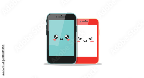 Pair of cute smartphone characters with smiling faces and rosy cheeks represent a friendly and connected digital lifestyle in a modern style.