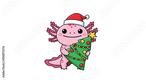 Adorable pink axolotl wearing a red santa hat and holding a decorated christmas tree brings a festive and unique touch to holiday celebrations.
