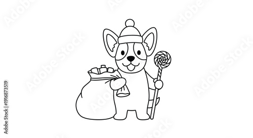 Cute corgi dog character dressed as santa claus holding a lollipop and a sack full of christmas presents for children.