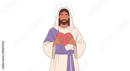 Kind illustration of Jesus Christ wearing a white robe and purple sash holding a red heart with both hands for kids.