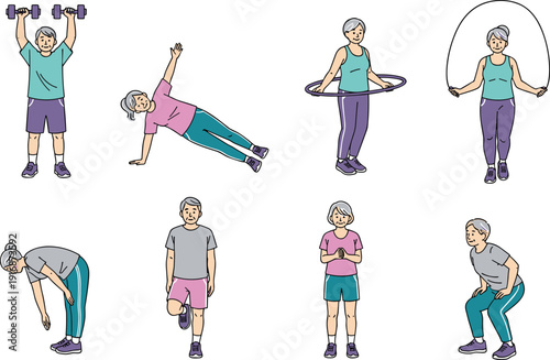 Senior People Exercising Set, Healthy Aging Fitness Activities, Elderly Man and Woman Workout Poses, Active Lifestyle Illustration on White Background