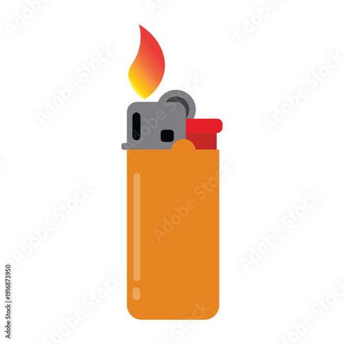 A flat design illustration of a single orange lighter with a vibrant flame burning brightly
