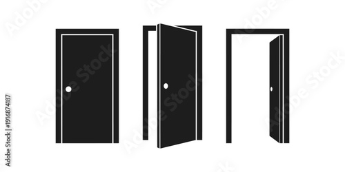 Set of three graphic icons representing doors in different open and closed states isolated on a white background