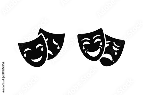 Symbolic representation of comedy and tragedy theater masks with contrasting emotions isolated on transparent background