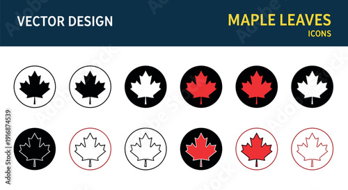 A collection of maple leaf icons in various colors and vector designs