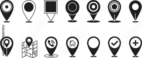 Set of map pin and location marker icons in black silhouette style, GPS navigation symbols isolated on light background for app and web design