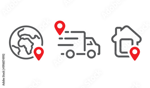 Red truck and location pin on simplified globe, illustration, delivery world