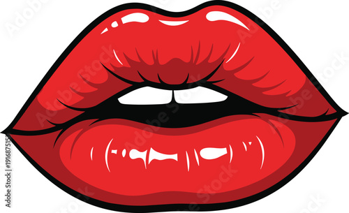 Glossy red lips illustration with open mouth and white teeth, sensual female mouth icon isolated on light background for beauty and fashion design