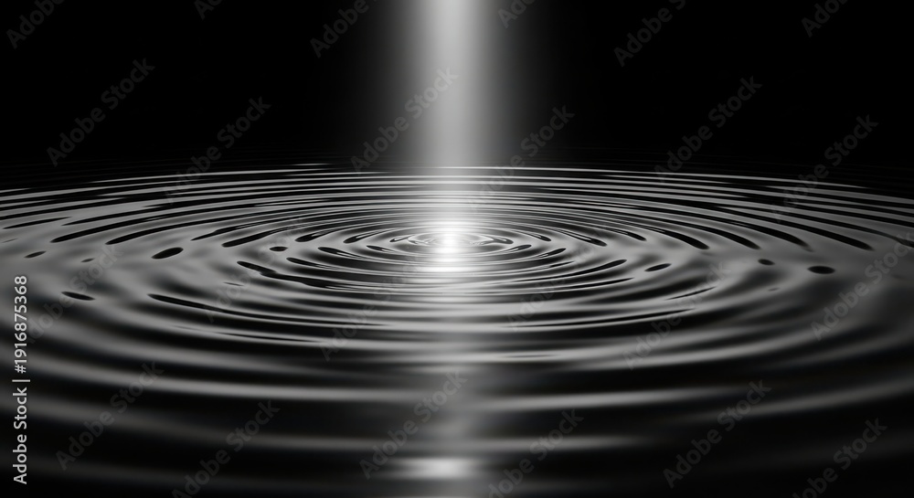 Fototapeta premium Water ripples effect with light beam impact on dark surface background