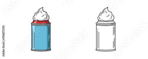 Shaving cream can with white foam on top shown in blue color and black outline versions for daily grooming and face skin care isolated on white background