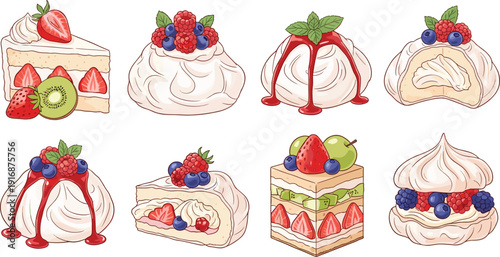 Set of delicious pavlova desserts and fruit cake slices with strawberries, blueberries, and kiwi isolated on white for bakery menu and cafe.