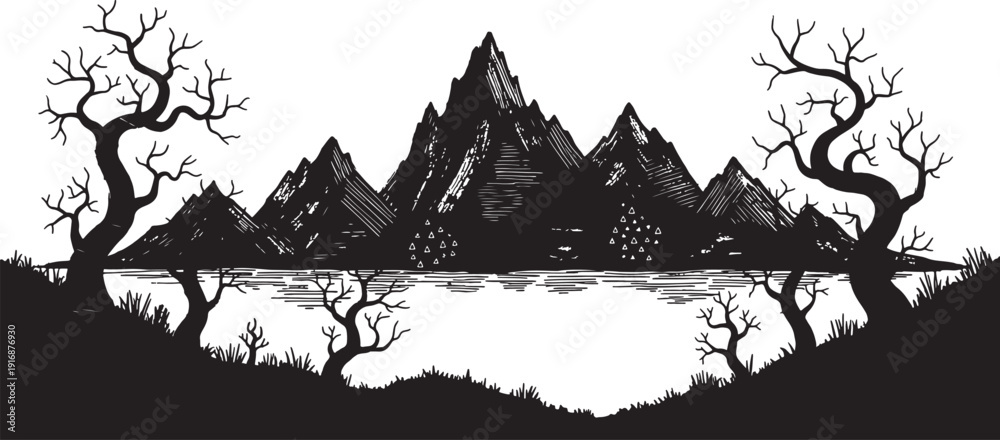 Fototapeta premium mountain range with trees and lake silhouette