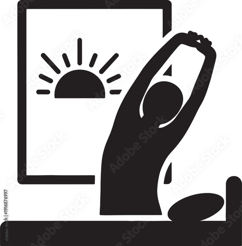 person stretching in front of sunrise on screen