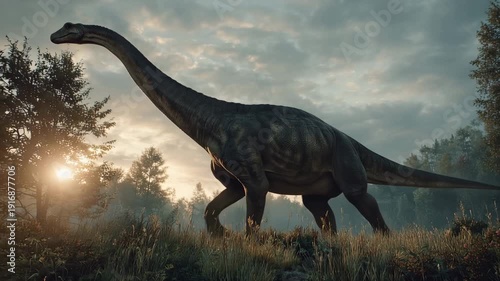 4K Majestic longnecked dinosaur brachiosaurus or brontosaurus type walking through a prehistoric landscape at sunset with dramatic clouds video