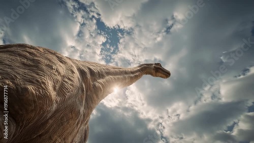 4K Majestic brachiosaurus dinosaur looking up at dramatic cloudy sky with textured skin detail, prehistoric creature view from below video
