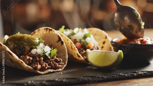 A delicious taco with meat, salsa, and lime garnish on a wooden plate