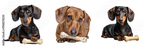 Set of A sausage dog sitting upright, looking directly at the camera with a shiny wet nose transparent png background. Ai generated