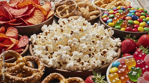 Assortment of snacks in bowls ready for consumption overhead view