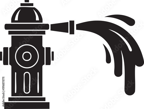 A black illustration of a fire hydrant spraying water from its nozzle, viewed from the side