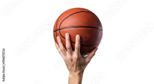 A hand holding a basketball against a white background