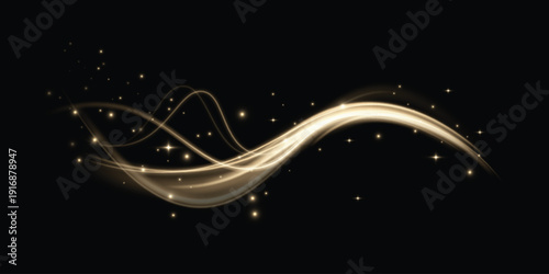 Elegant golden light wave with sparkling particles on black background. Perfect for luxury event invitations, New Year party banners, festive sale ads, cosmetic or jewelry promotions