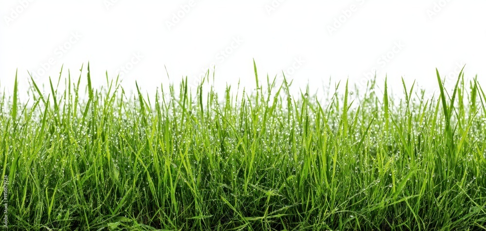 Fototapeta premium The Grass Close Up With Dew Drops On Fresh Green Blades Against White Background