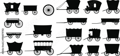 Wagon and cart silhouette icons with historical transport designs for pioneer and rural theme - black vector illustration set