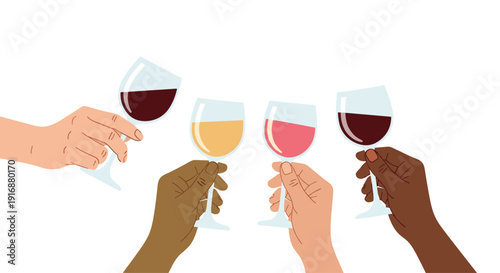 Four diverse hands with different skin tones are holding up wine glasses filled with red, white, and ros wine in a toast.