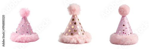Set of Pink cone-shaped birthday hat with subtle patterns transparent png background. Ai generated
