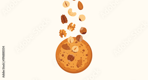 Various nuts including almonds, walnuts, cashews, and hazelnuts are shown falling onto a large, round, oatmeal cookie.