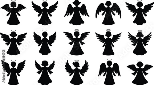 Angel silhouette icons with halos and wings in various poses for holiday and spiritual theme - black vector illustration set
