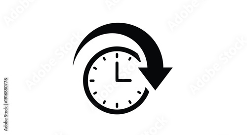 Black clock icon with a circular arrow indicating refresh or time reversal movement on a clean white background.