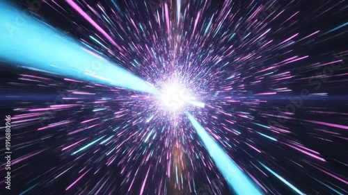 Vibrant pink and blue streaks radiating from a bright white light in space with a dark background and stars