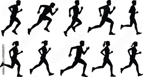 Running silhouette icons with male and female athletes in dynamic poses for sports and fitness theme - black vector illustration set