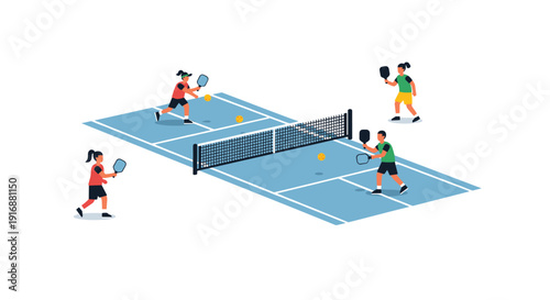 Four people playing pickleball on a blue court with a net, with two players on each side hitting yellow balls.