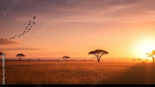 Serengeti Sunrise with Acacia Trees and Migrating Birds.