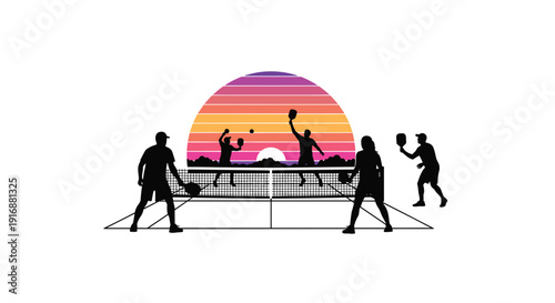 Silhouettes of four people playing pickleball on a court with a net, set against a vibrant sunset with horizontal stripes.
