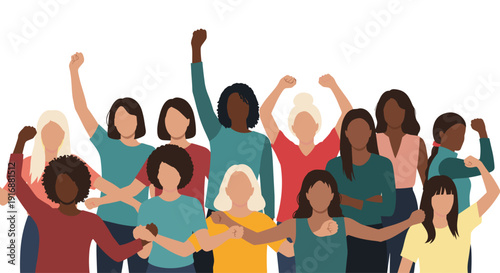 A diverse group of women standing together with raised fists, demonstrating unity, strength, and protest.