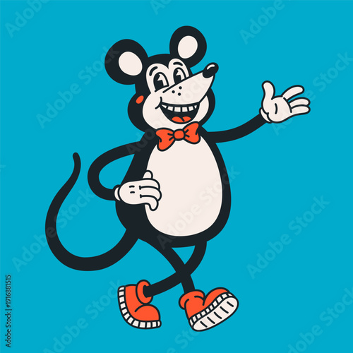 Retro cartoon mouse character in groovy vintage illustration style with bold outlines and bright blue background. Retro mouse character in groovy vector style for tickers, posters, apparel.