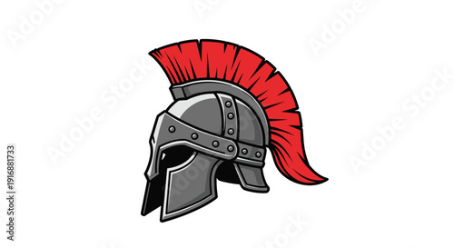 A gray Spartan or Roman helmet with a prominent red feathery crest against a white background.