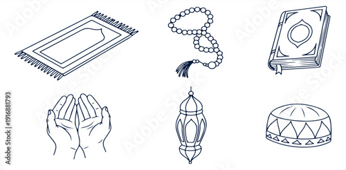 A collection of Islamic prayer items and symbols on a white background