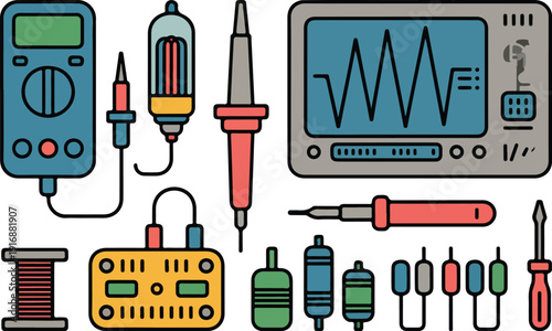 Collection of electronic devices and tools flat illustration isolated on transparent background.