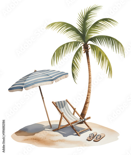 Relaxing summer seaside scene with wooden deck chairs and green parasol in watercolor.